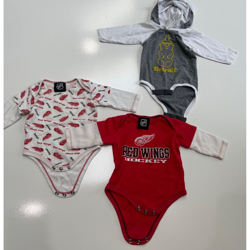 Detroit Red Wings NHL Baby Bodysuit Bundle Set 3-6 Months Red White Grey